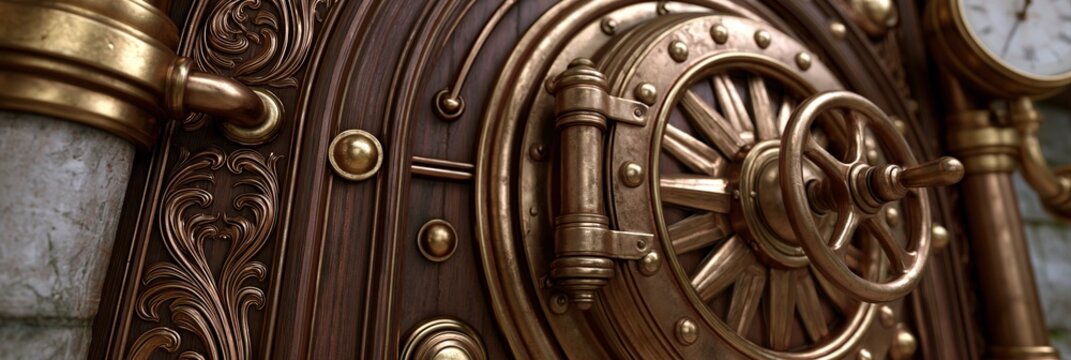 Steampunk vault door with ornate brass handle, intricate wood carving, and clockwork mechanism detail.