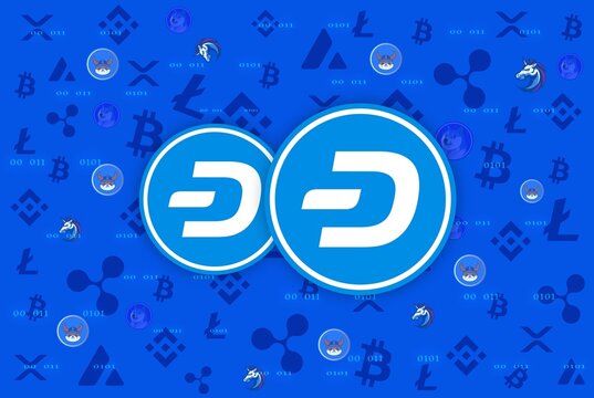 image of dash virtual currency on digital background. 3D drawings.