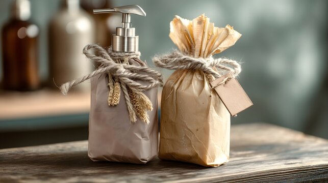 Natural soaps wrapped in paper packaging and filled into glass containers
