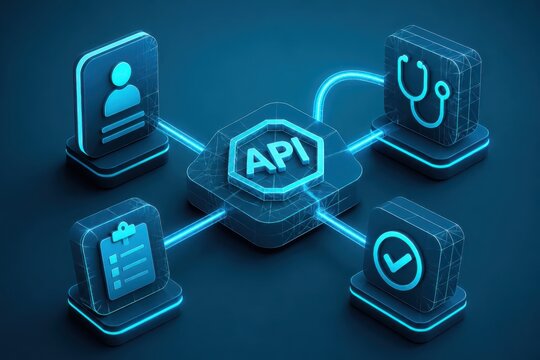 Isometric API healthcare technology network with connected digital service icons on glowing blue platform
