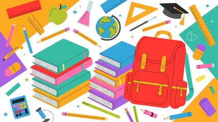 Naklejka premium A vibrant vector illustration featuring an array of colorful school supplies arranged in a dynamic, 