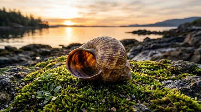 Empty snail shell resting on mossy rocks by the seashore at sunset