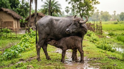 Fototapeta premium Indian Water Buffalo Calf Nursing in Rural Countryside
