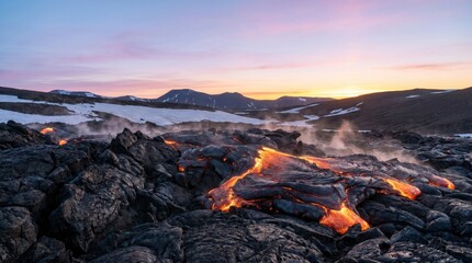 Naklejka premium Molten lava flowing over volcanic rock in iceland at sunset with steam rising and snowcovered mountains in the background