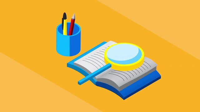 Isometric education objects appearing on an orange background with a book and magnifying glass.