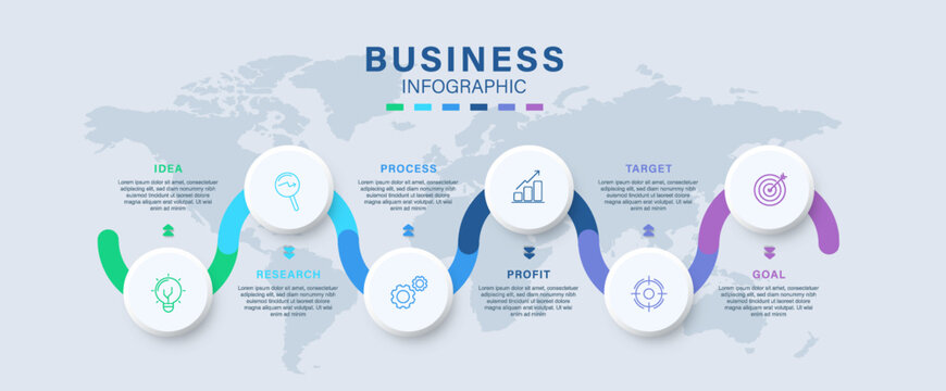 Modern business infographic template featuring 5 connected circular elements with icons and curved timeline flow