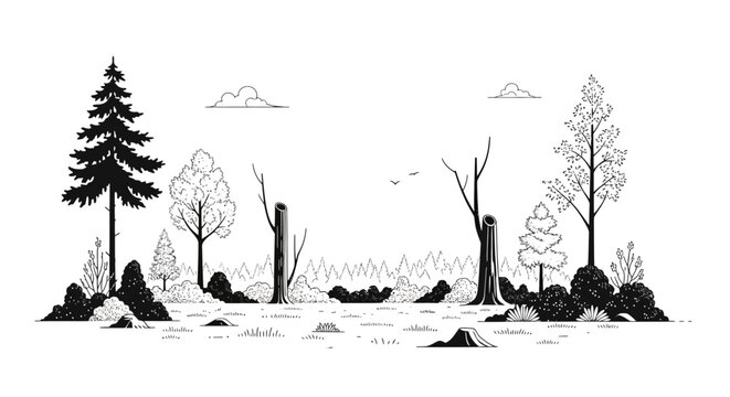 Black and white illustration of a deforested forest landscape with tree stumps.
