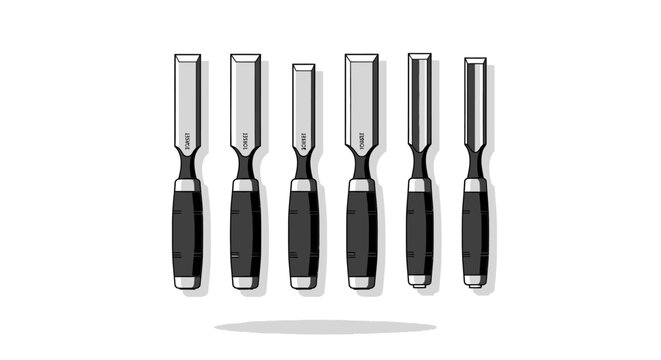 A set of woodworking chisels lined up on a white background.