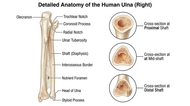 Detailed anatomy of the right ulna highlighting olecranon, coronoid process, trochlear notch, radial notch, shaft and interosseous border, nutrient foramen, head and styloid process plus proximal, mid
