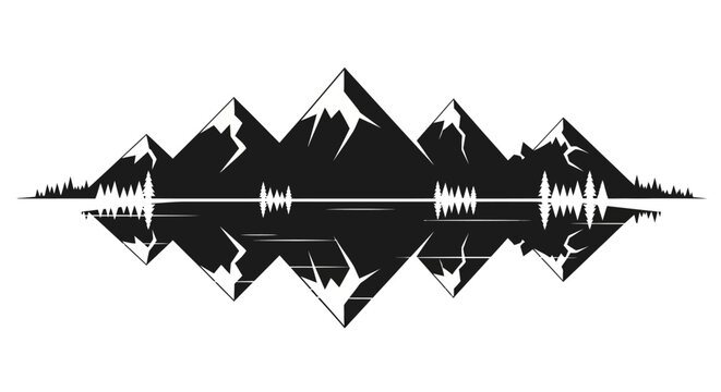 Minimalist black and white mountain range silhouette with lake reflection