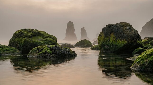 Mossy rocks in a tide pool at the oregon coast with sea stacks in the misty background at sunset