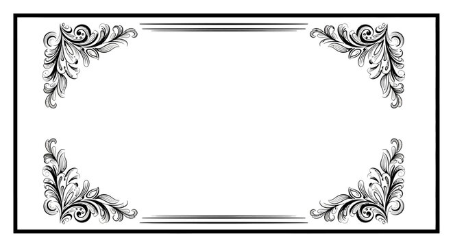 Elegant vintage floral border frame with baroque filigree scrolls in black and white
