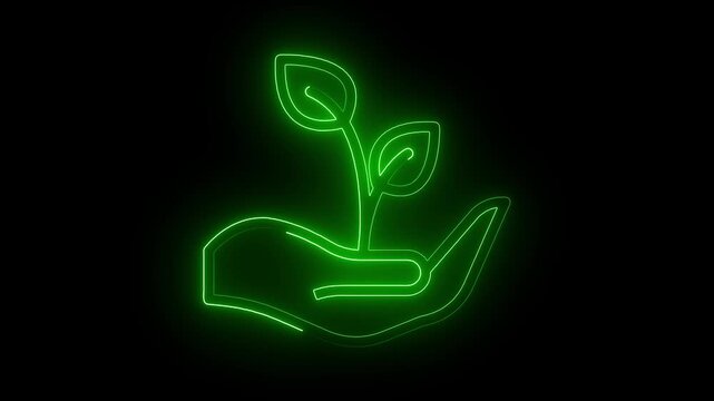 Green Neon Light Effect Hand Holding Sprouting Plant, Sustainable Growth and Environmental Protection Concept, Video Glowing neon hand with flower icon animation. 4k video animation.
