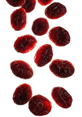 Fototapeta premium Close Up Shot Of Multiple Dried Cranberries Falling With Rich Red Color And Transparent Background
