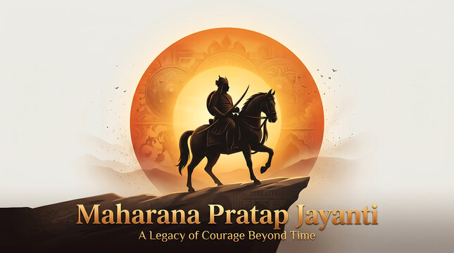 Maharana pratap on horseback holding a sword during sunrise with intricate background patterns and a majestic landscape symbolizing courage