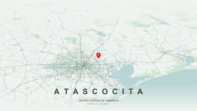 Modern minimalist vector map of Atascocita, Texas, USA. High-quality scalable illustration of Atascocita city grid, Lake Houston and San Jacinto River waterfront contours for posters design.