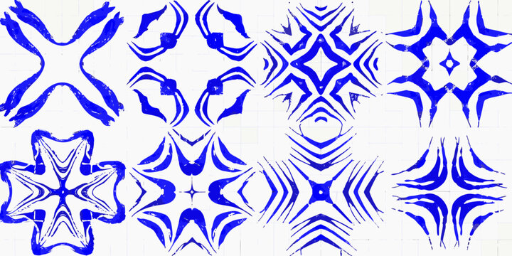 Blue Tribal Designs Seamless Pattern On White Background