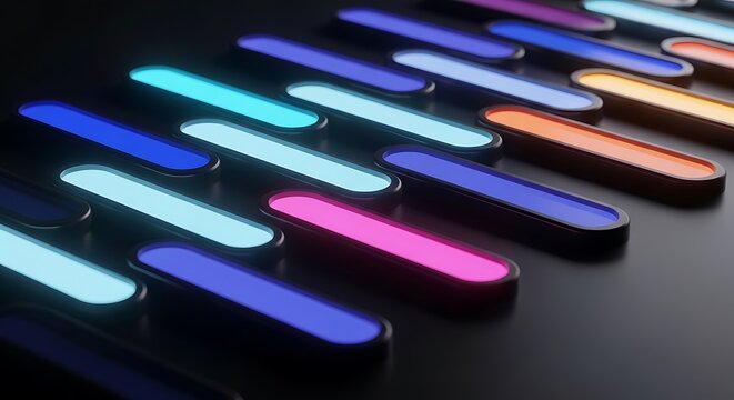 Abstract 3d render of glowing neon rounded rectangular bars on dark background