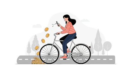 Fototapeta premium Woman Riding Bicycle with Falling Coins and Smartphone, Concept of Earning Money Online or Financial Growth