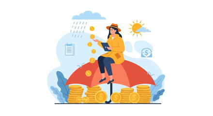 Obraz premium Woman sitting on umbrella protected from raining money, financial security and investment concept