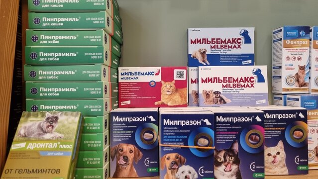 Veterinary Deworming Medications for Dogs and Cats Displayed in Pet Pharmacy
