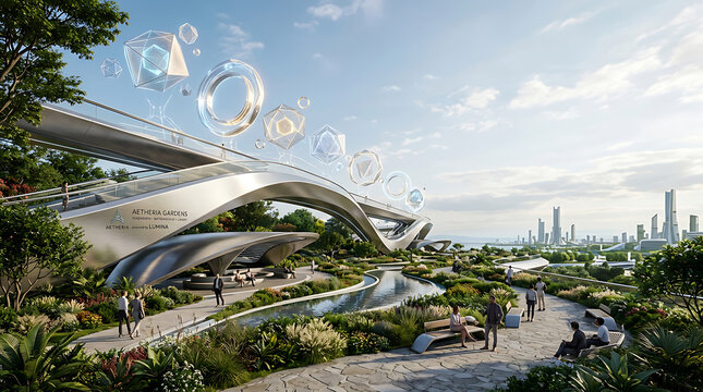 Futuristic city park with modern bridge and transparent orbs floating overhead in daytime