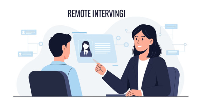 Remote Interviewing: Woman recruiter interviewing male candidate via video call, modern vector illustration for HR, recruitment, and online hiring.