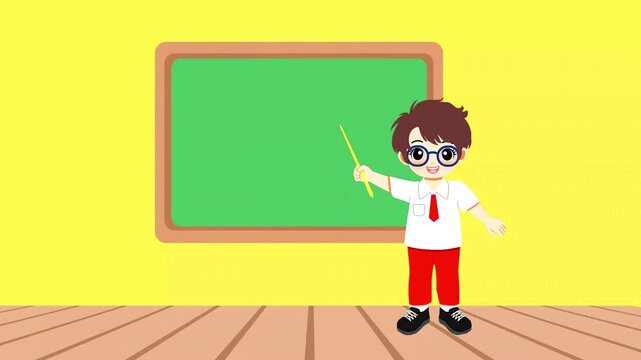 Smart boy student character pointing stick at empty green chalkboard template inside room.