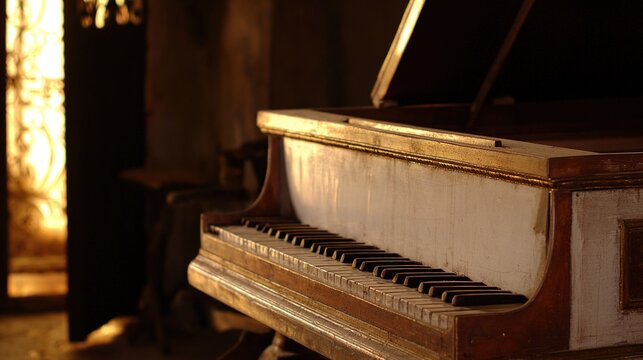 harpsichord. Quiet room in an old castle at dusk, a dusty harpsichord in warm fading light. travel magazines, destination branding, designed for travel destination branding, used by brand managers.
