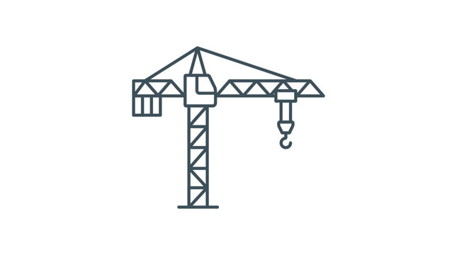 A simple black line drawing of a construction tower crane on a white background.