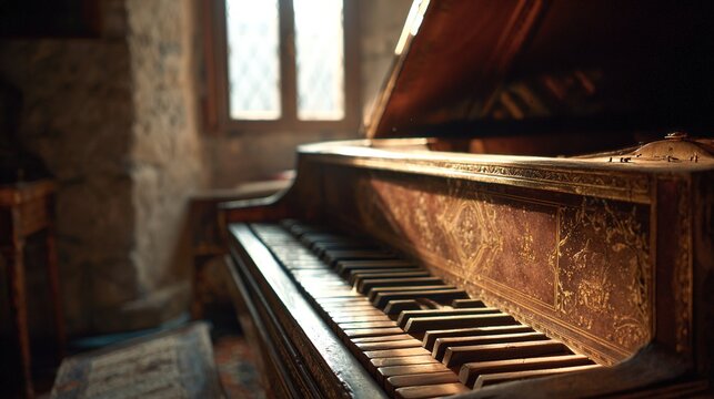 harpsichord. Quiet room in an old castle at dusk, a dusty harpsichord in warm fading light. travel magazines, destination branding, designed for travel destination branding, used by brand managers.