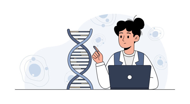 Scientist Analyzing DNA Helix with Laptop and Cells, Science and Research Concept