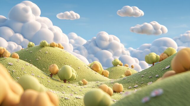 Whimsical 3D Cartoon Landscape with Rolling Hills and Fluffy Clouds