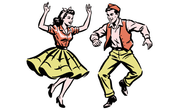 Vintage  dancing couple. Retro comic book illustration of man and woman rock and roll dancing. Swing dance party graphic vector art.