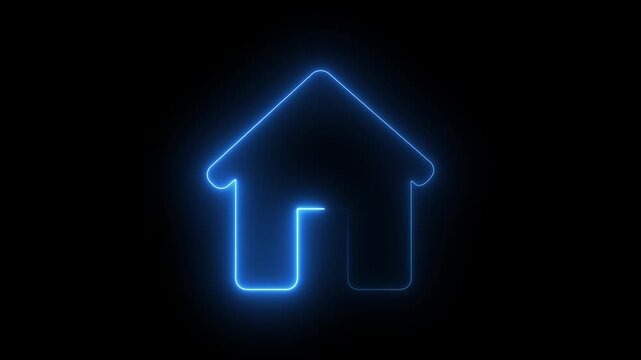 Glowing neon home button. Home location marker symbol. Dynamic abstract neon light blue house icon on black background. house apartment address sign symbol icon, icon property houses are 4k video