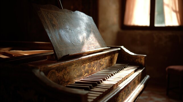 harpsichord. Quiet room in an old castle at dusk, a dusty harpsichord in warm fading light. travel magazines, destination branding, designed for travel destination branding, used by brand managers.