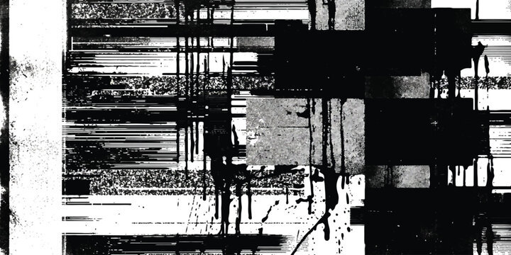 Abstract digital glitch art with black and white horizontal lines and pixelated noise texture