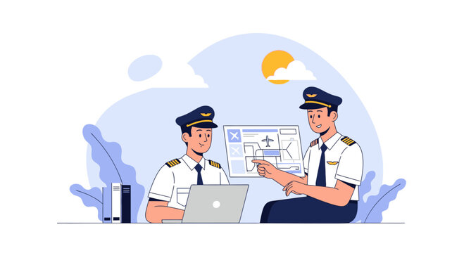 Two pilots in uniform studying a flight plan and laptop, illustration of aviation teamwork and planning.