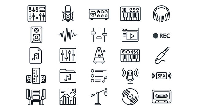 Music production vector icons depict various audio equipment and tools