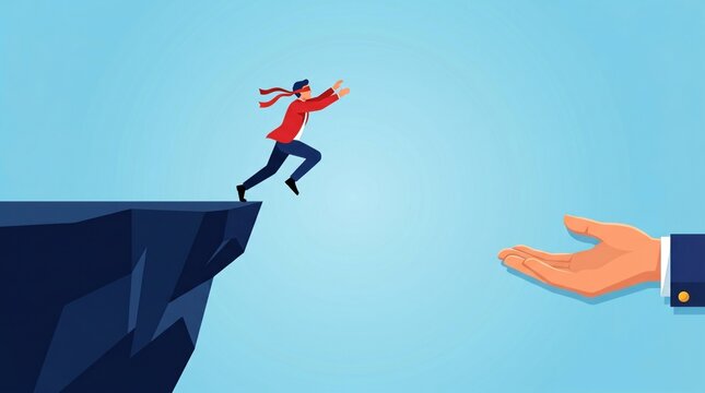 Leap of Faith: A person in a red shirt leaps from a cliff, reaching out towards an outstretched hand offering support, symbolizing trust and guidance.