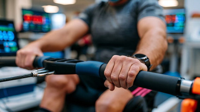 Para rowing adaptive athlete close up hands on oar handle demonstrating grip adaptation technique at indoor ergometer testing station, hospital physiotherapy environment, strength assessment for row
