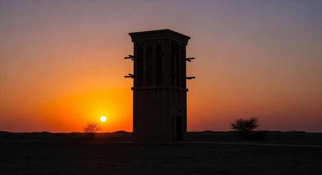 Majestic desert windcatcher tower silhouetted against a vibrant, fiery sunset, capturing ancient architectural ingenuity and atmospheric beauty in a tranquil landscape.