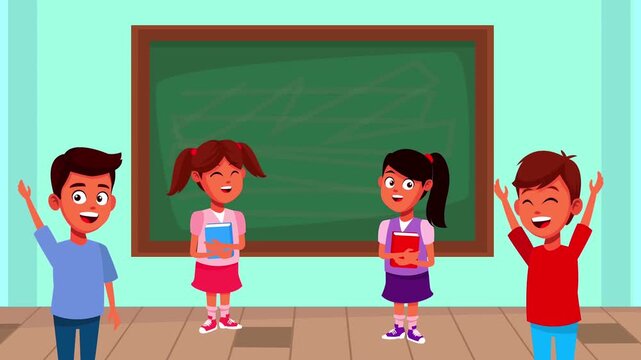 Classroom background with happy elementary students standing near chalkboard and holding textbooks.