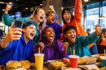 Obraz premium Freundesgruppe feiert Soccer Spiel im Restaurant Junge Fans jubeln gemeinsam bei einem internationalen Fussball Turnier 2026 mit Essen und Getränken.