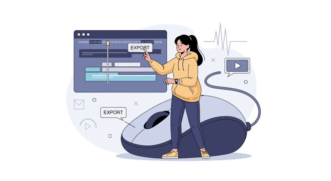Woman editing video on timeline and clicking export button, concept of digital content creation, post-production, and technology