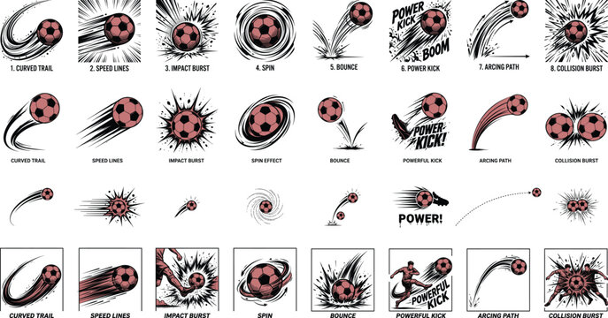 Soccer ball motion effects collection featuring speed lines spin bounce impact bursts curved trails and dynamic football action