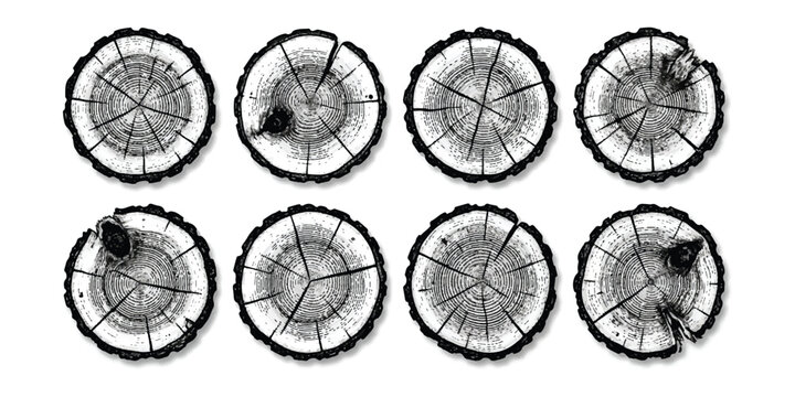 Set of eight black and white wood log cross section circles with tree rings