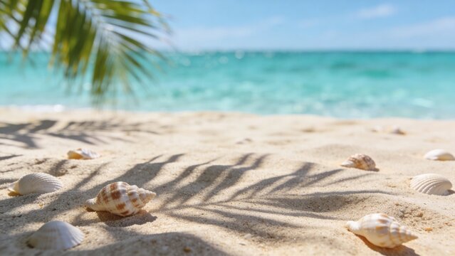 Seashells on sandy beach with palm shadow and turquoise ocean background for summer or tropical travel
