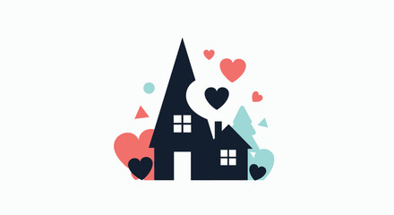 Obraz premium Silhouette of a house with different sized hearts floating around it against a clean white background representing love and home.