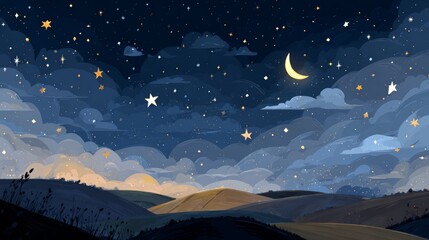 Fototapeta premium Whimsical night sky with stars and crescent moon over rolling hills